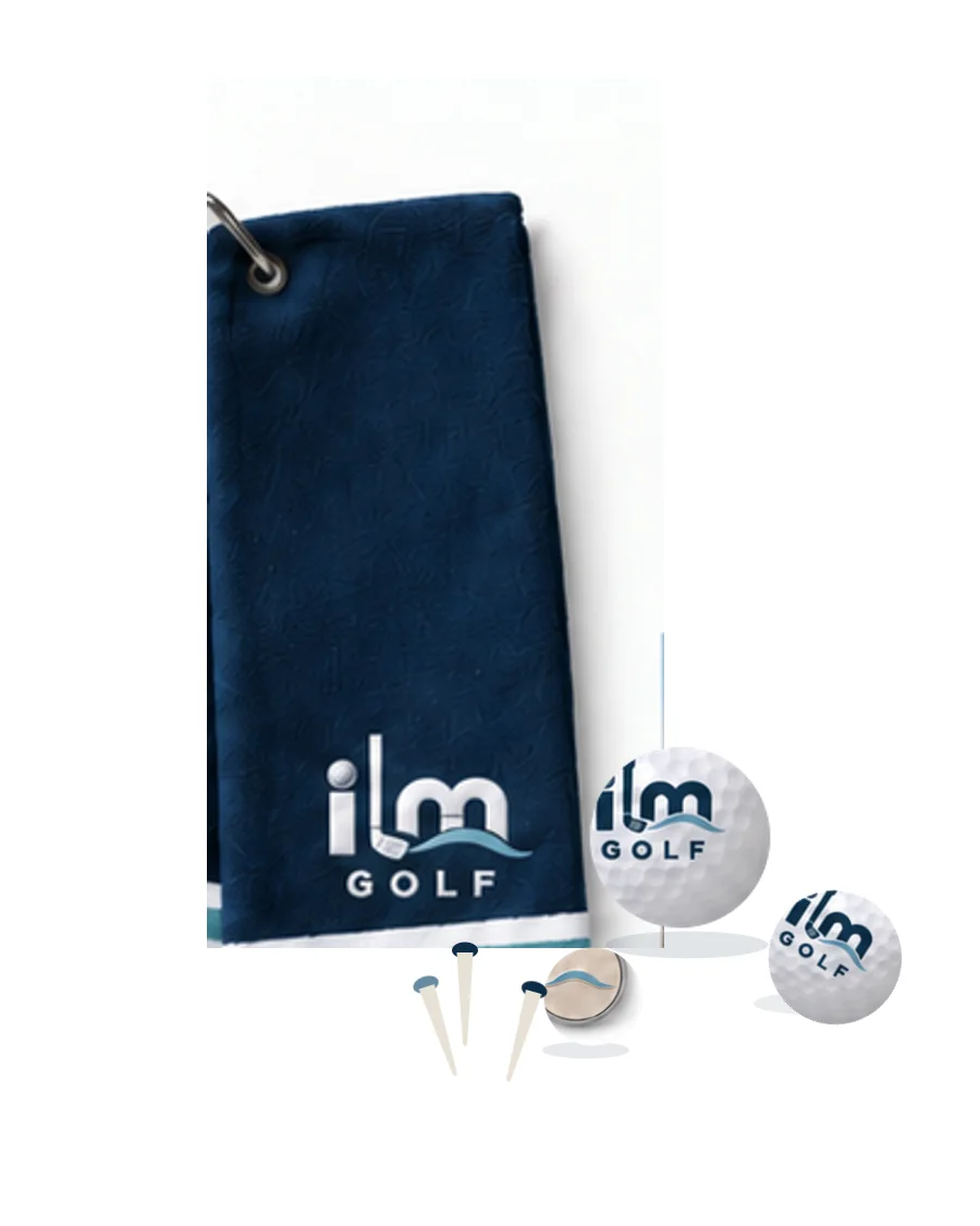 Deep navy ILM Golf towel with golf balls, ball marker and tees