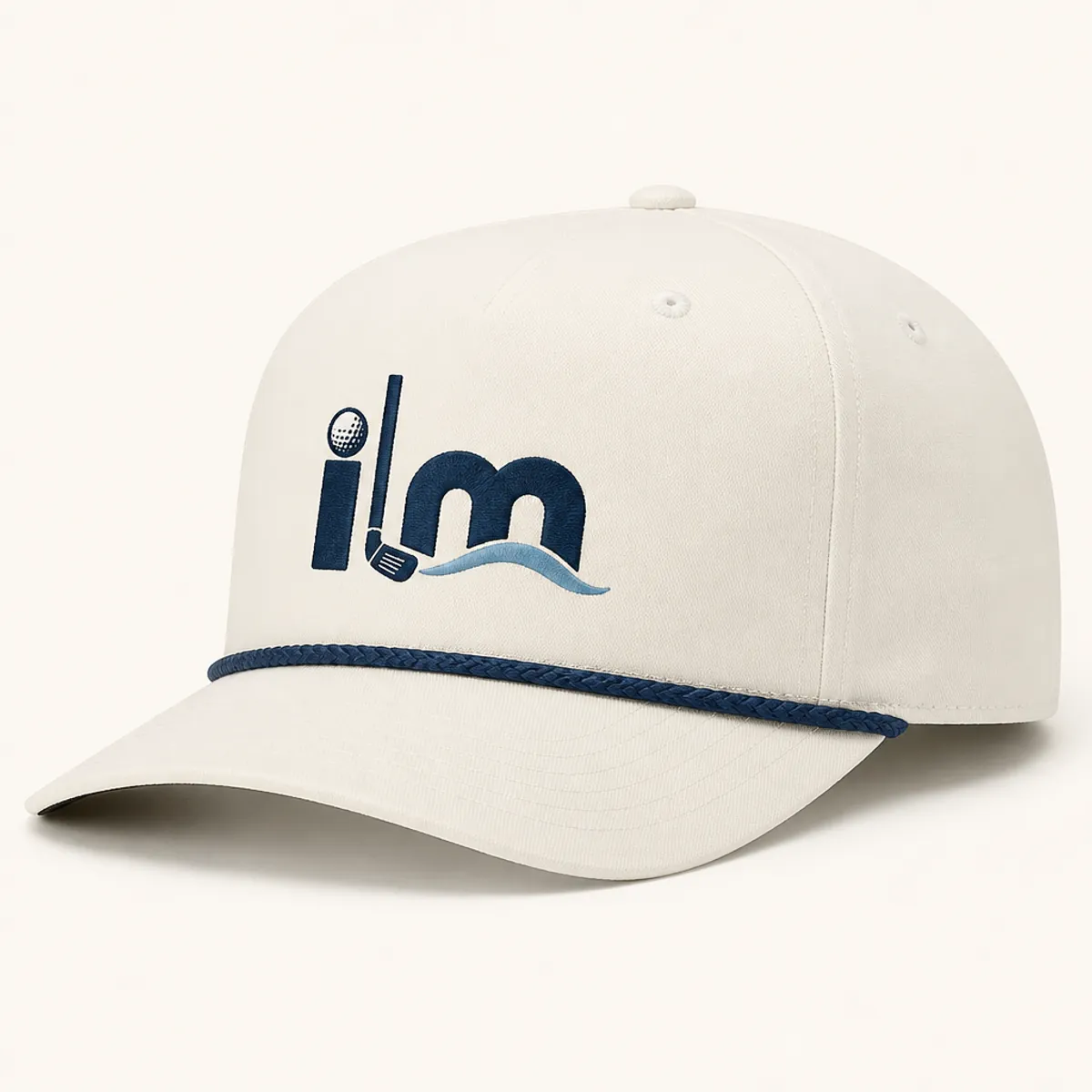 Off white ILM Golf performance rope cap with navy braided rope