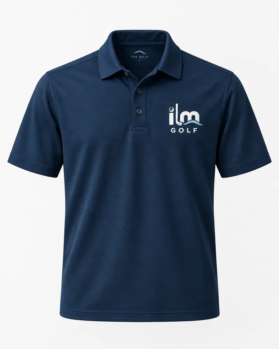 ILM Golf navy performance polo with white chest mark