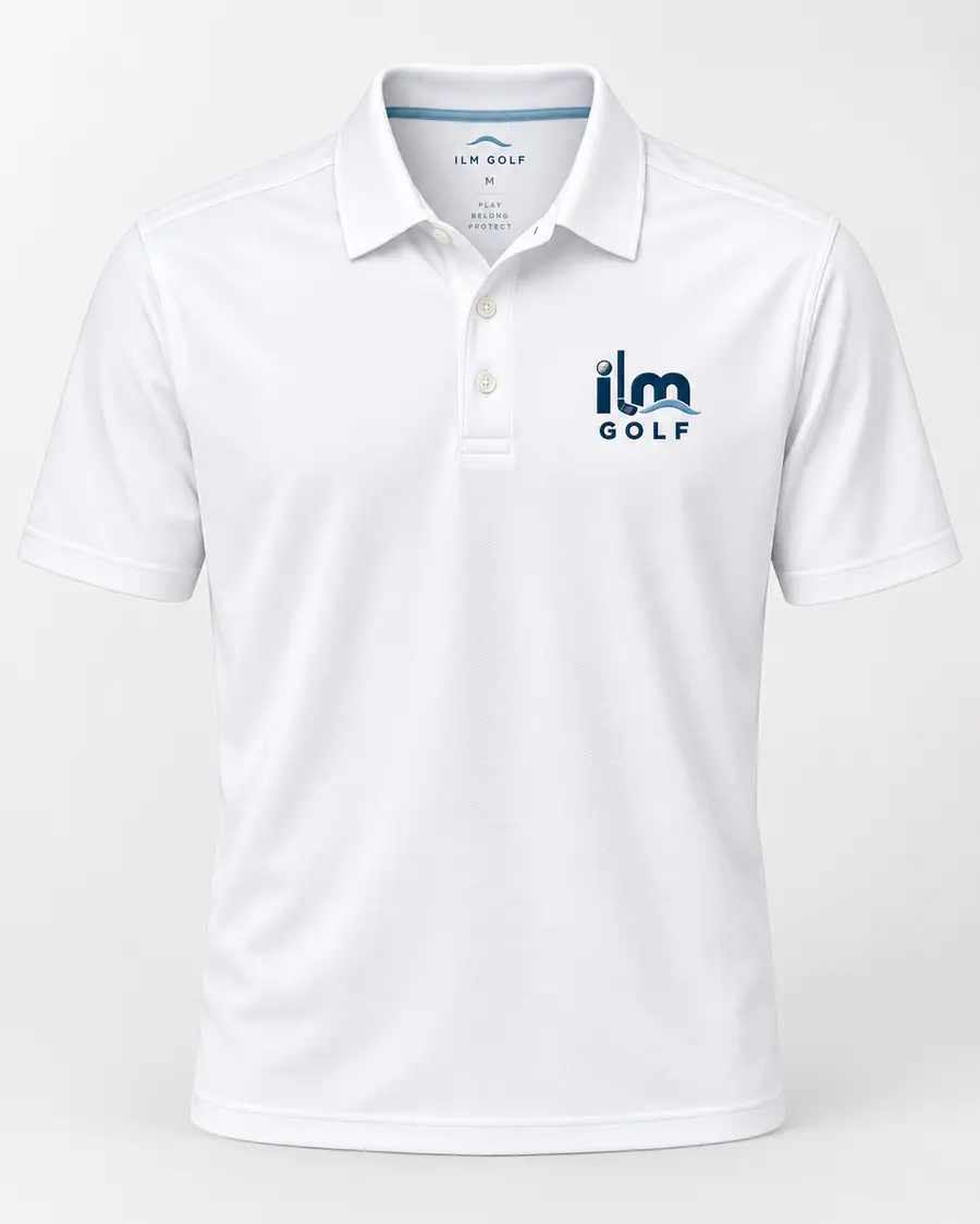 ILM Golf white performance polo with navy chest mark